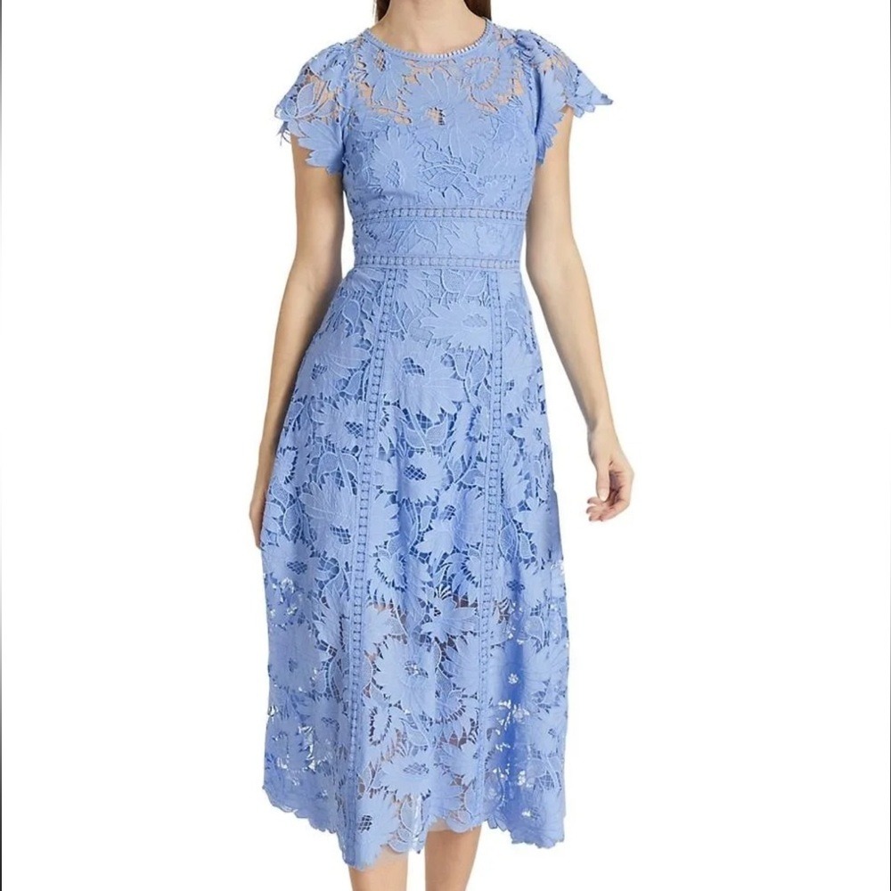 ML Monique Lhuillier Delphinium Blue Floral Lace Midi Dress Size 4 NWT